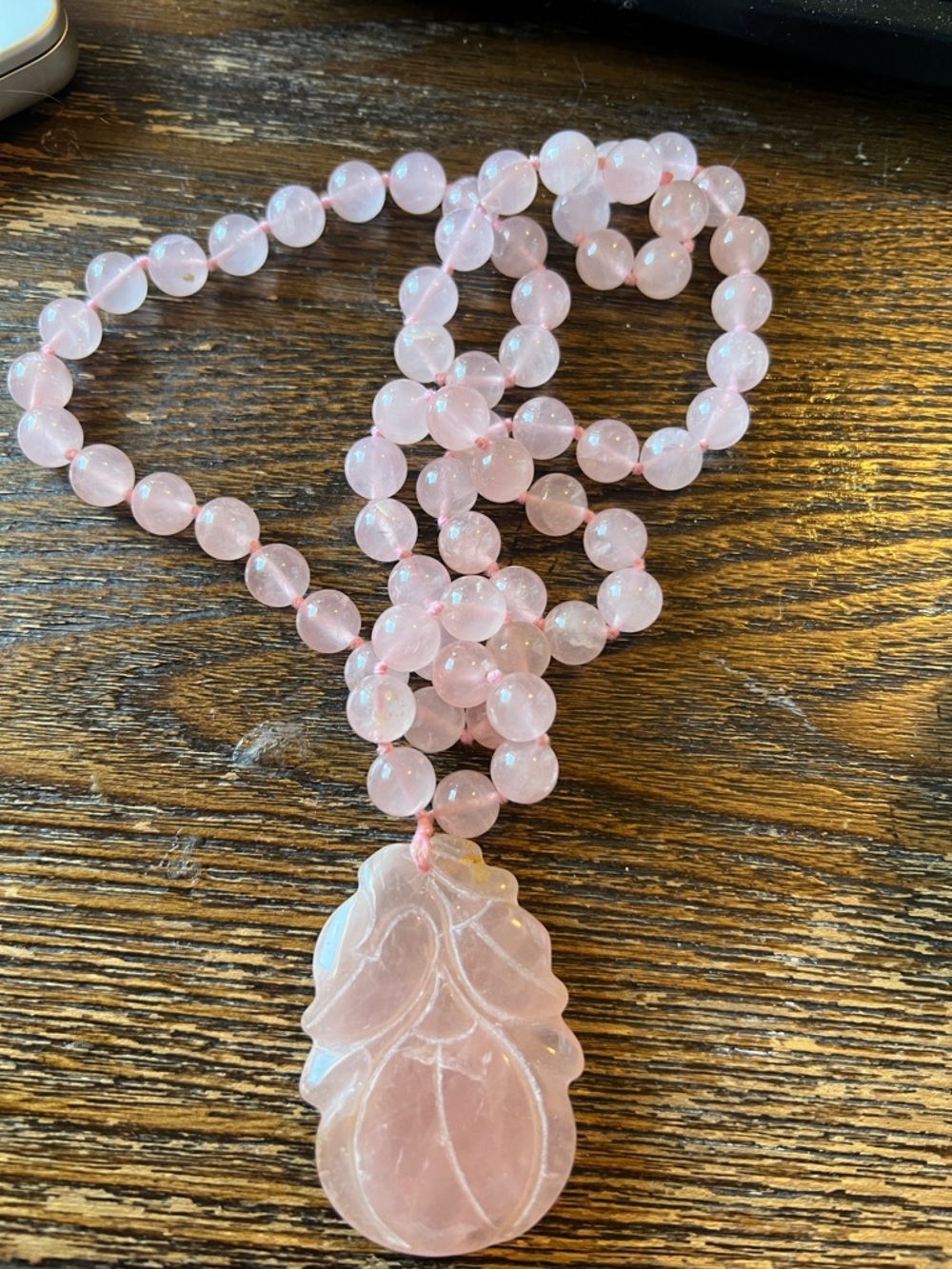 Vtg Rose Quartz Necklace Carved Knotted Strand Pink Flower Pendant Estate